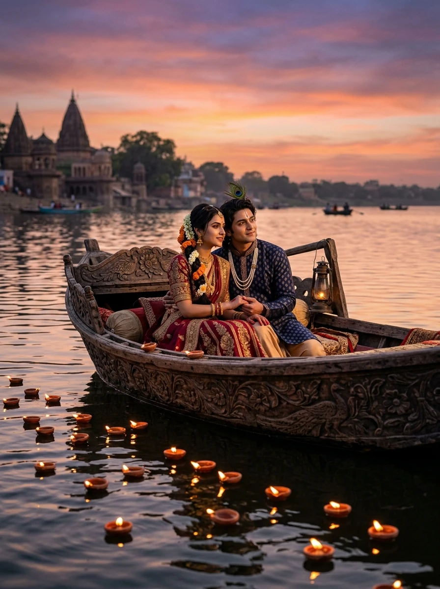 Radha krishna prompt for couple love: Radha and Krishna in wooden boat adrift on Yamuna at sunset with floating diyas