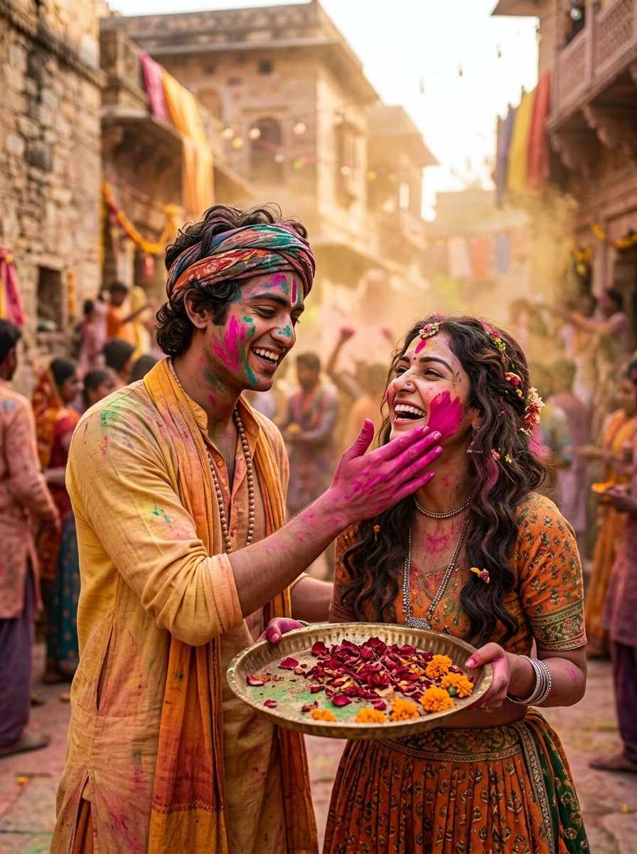 Radha krishna ai photo editing prompt: Krishna playfully applying gulal on Radha's cheek during Barsana Holi