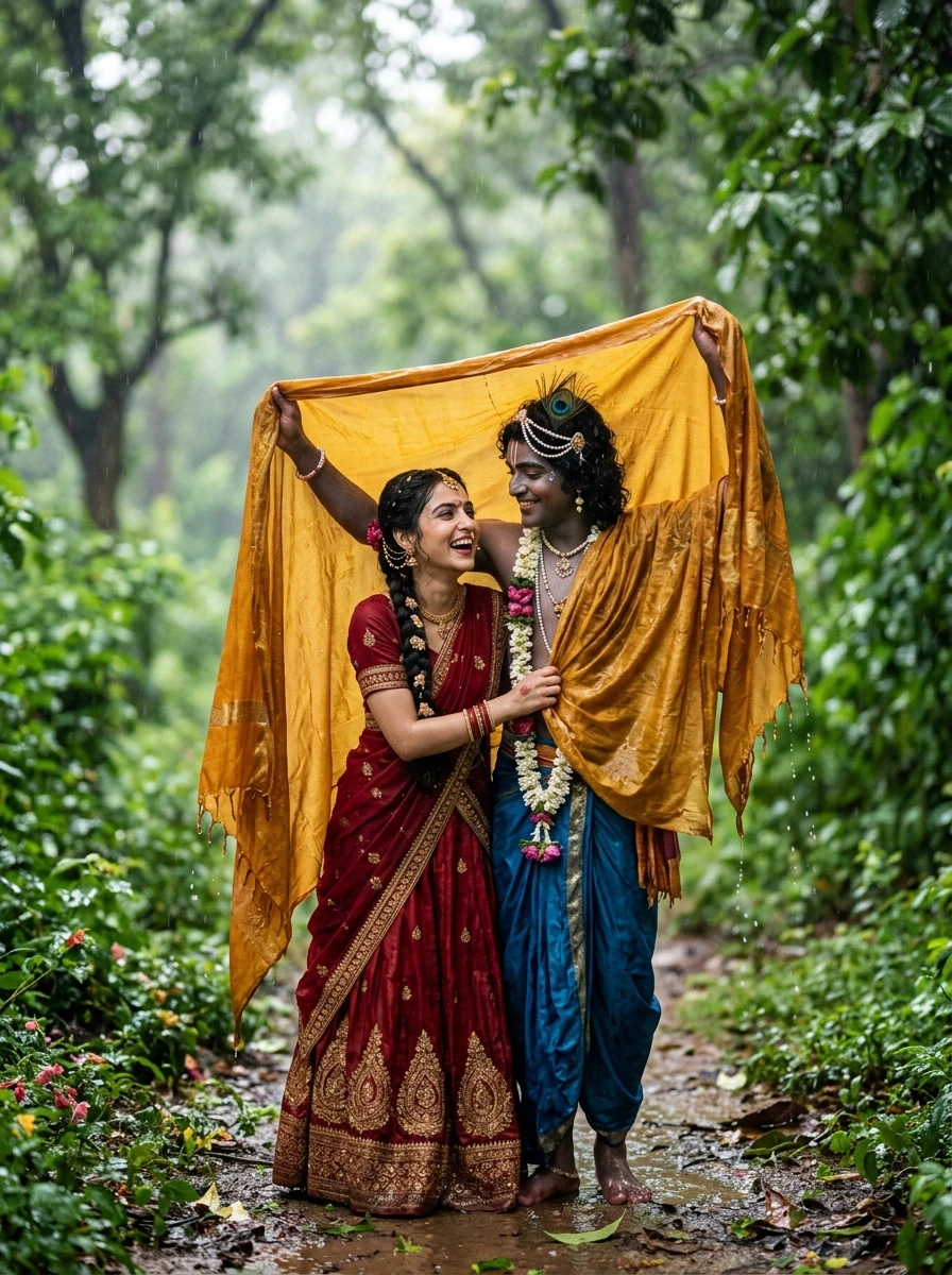 Gemini ai radha krishna prompt for couple: Krishna holding saffron shawl over Radha in sudden rain shower