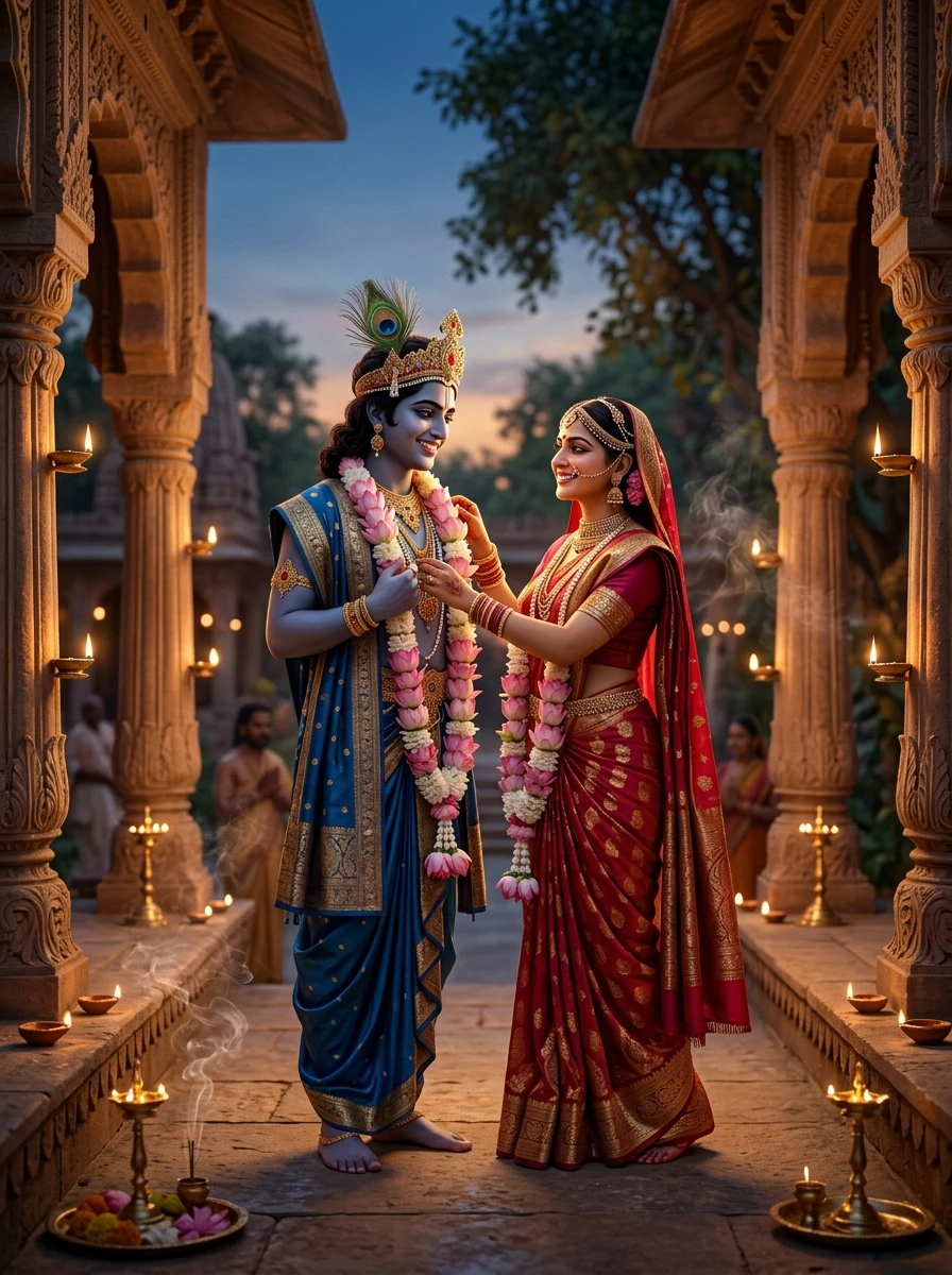 Radha krishna propose prompt: Radha and Krishna exchanging fresh lotus jaimala by sandstone temple pavilion