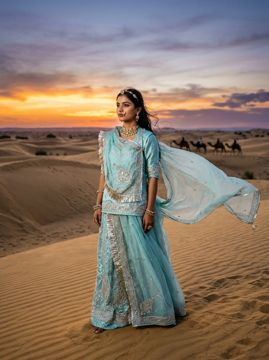 Rajasthani Poshak Prompt for Gemini Girl - Jaisalmer Thar Desert Twilight Windblown Odhani