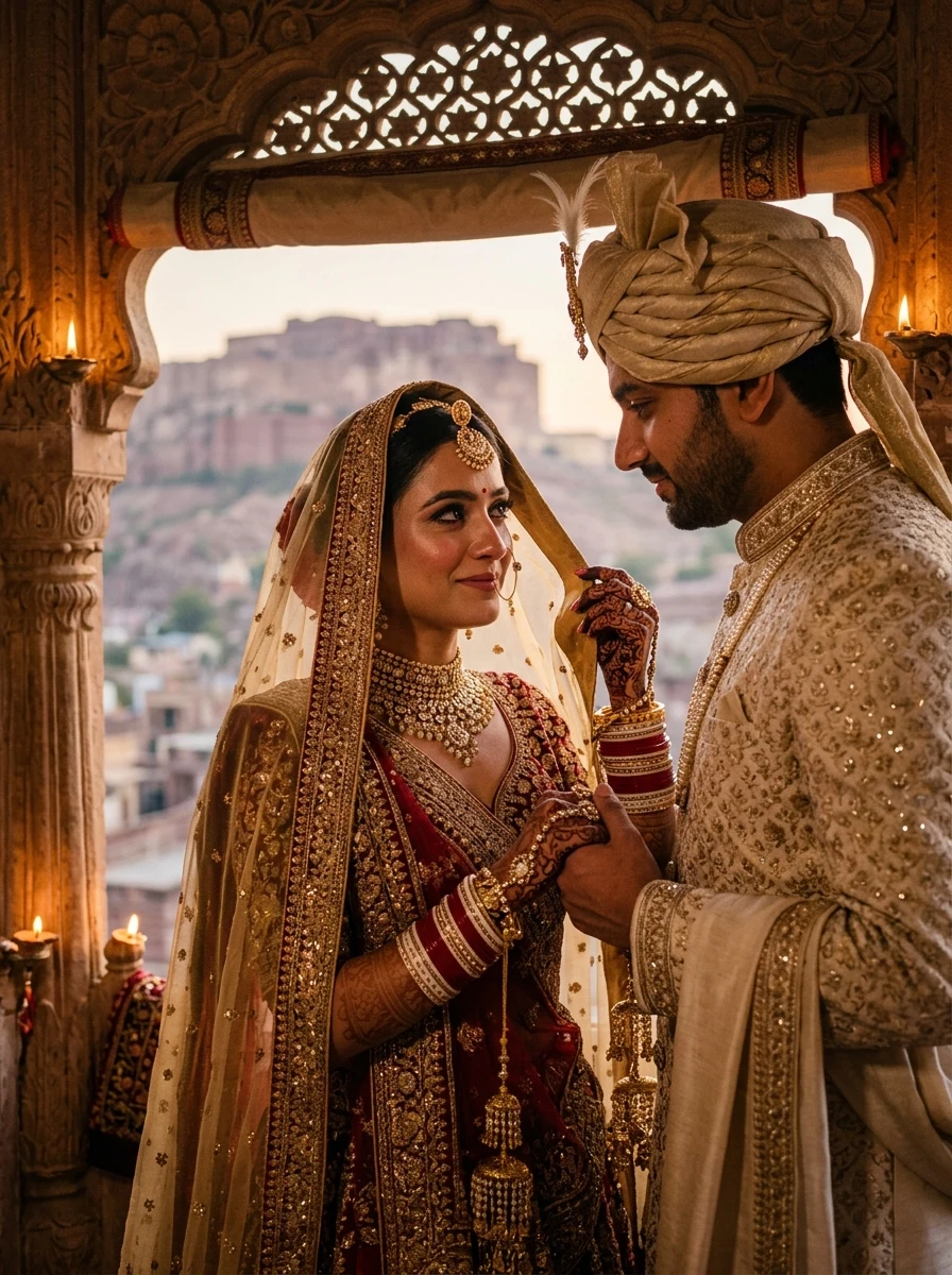 Intimate Rajputi couple ghoonghat peek romantic eye contact AI photo prompt