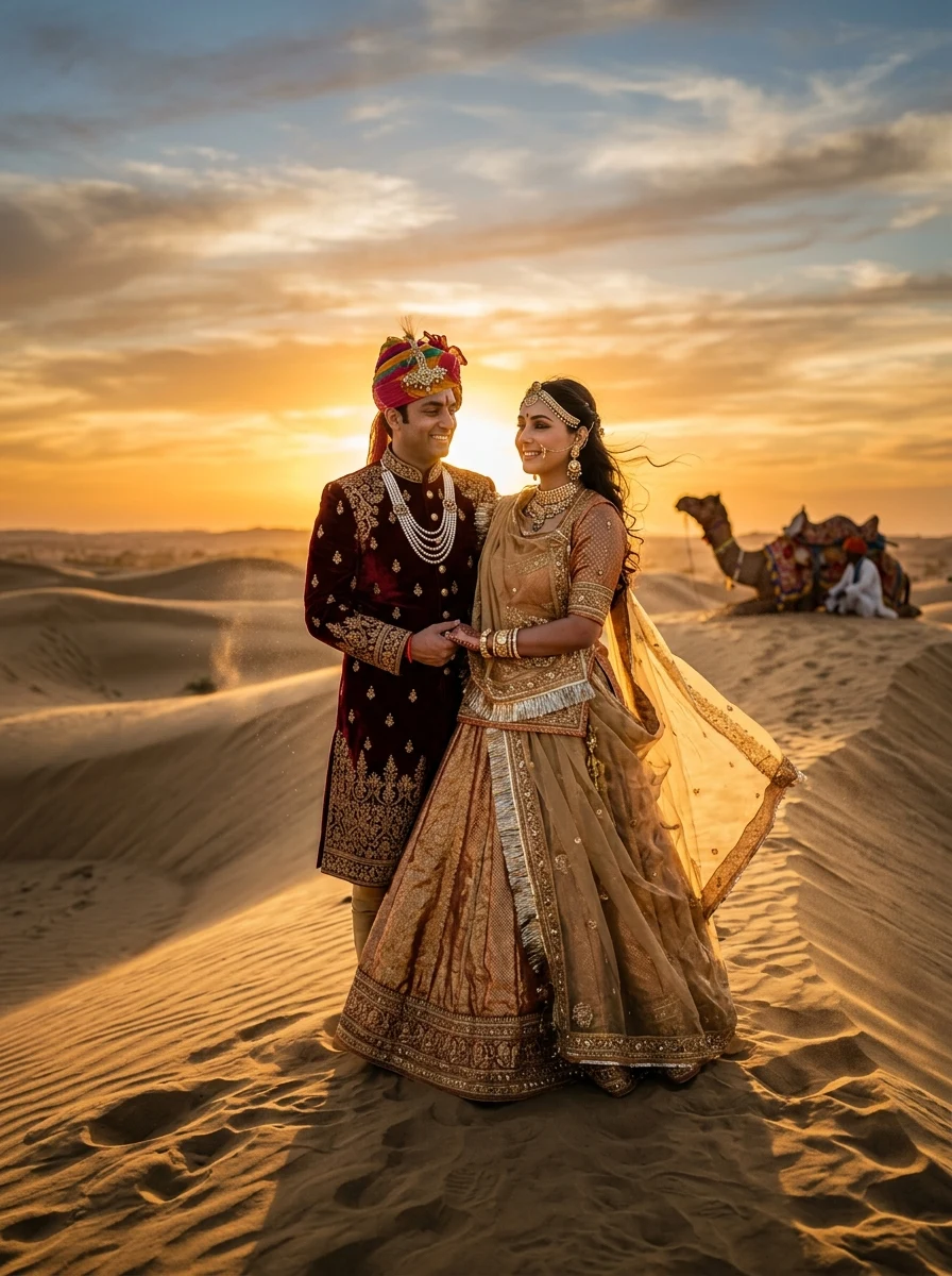Royal Rajput couple in Jaisalmer desert sand dunes at sunset AI photo prompt