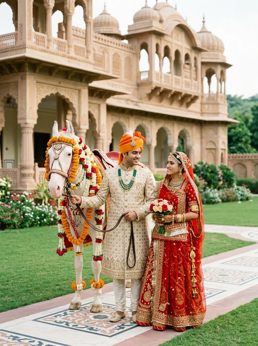 Royal Rajput couple with decorated Marwari horse in palace lawn AI photo prompt