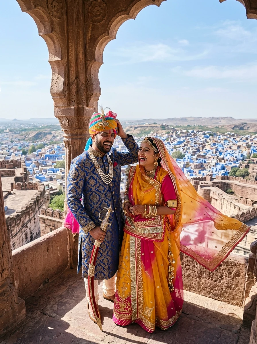 Rajputi couple on Mehrangarh Fort overlooking Jodhpur Blue City AI prompt