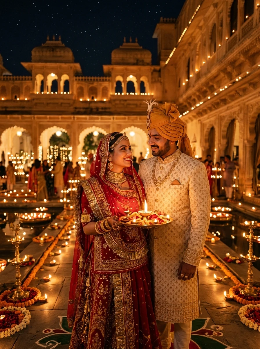 Royal Rajput couple in palace courtyard lit with diyas during festival AI prompt