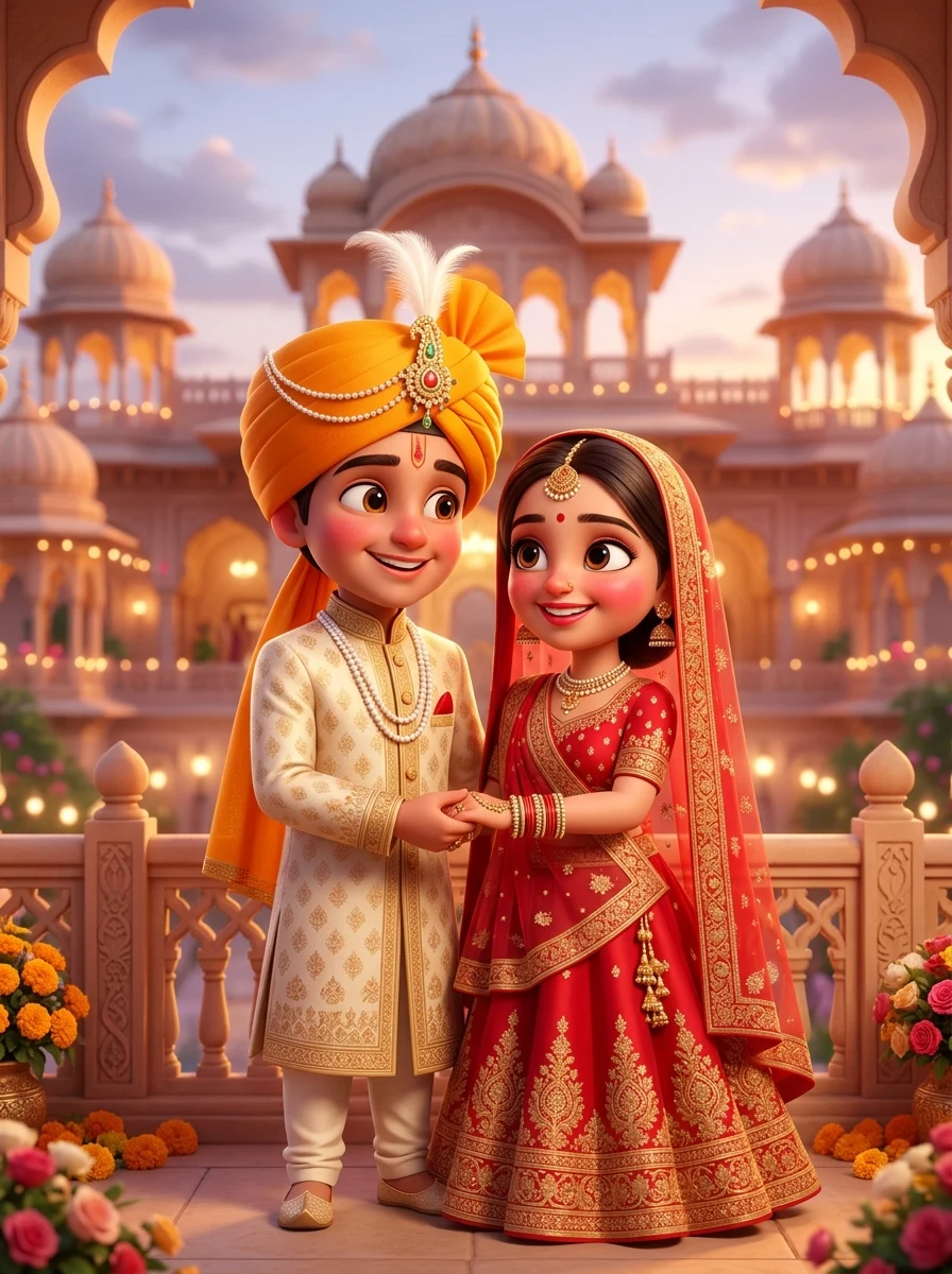 3D Pixar cute royal Rajputi couple animation AI prompt