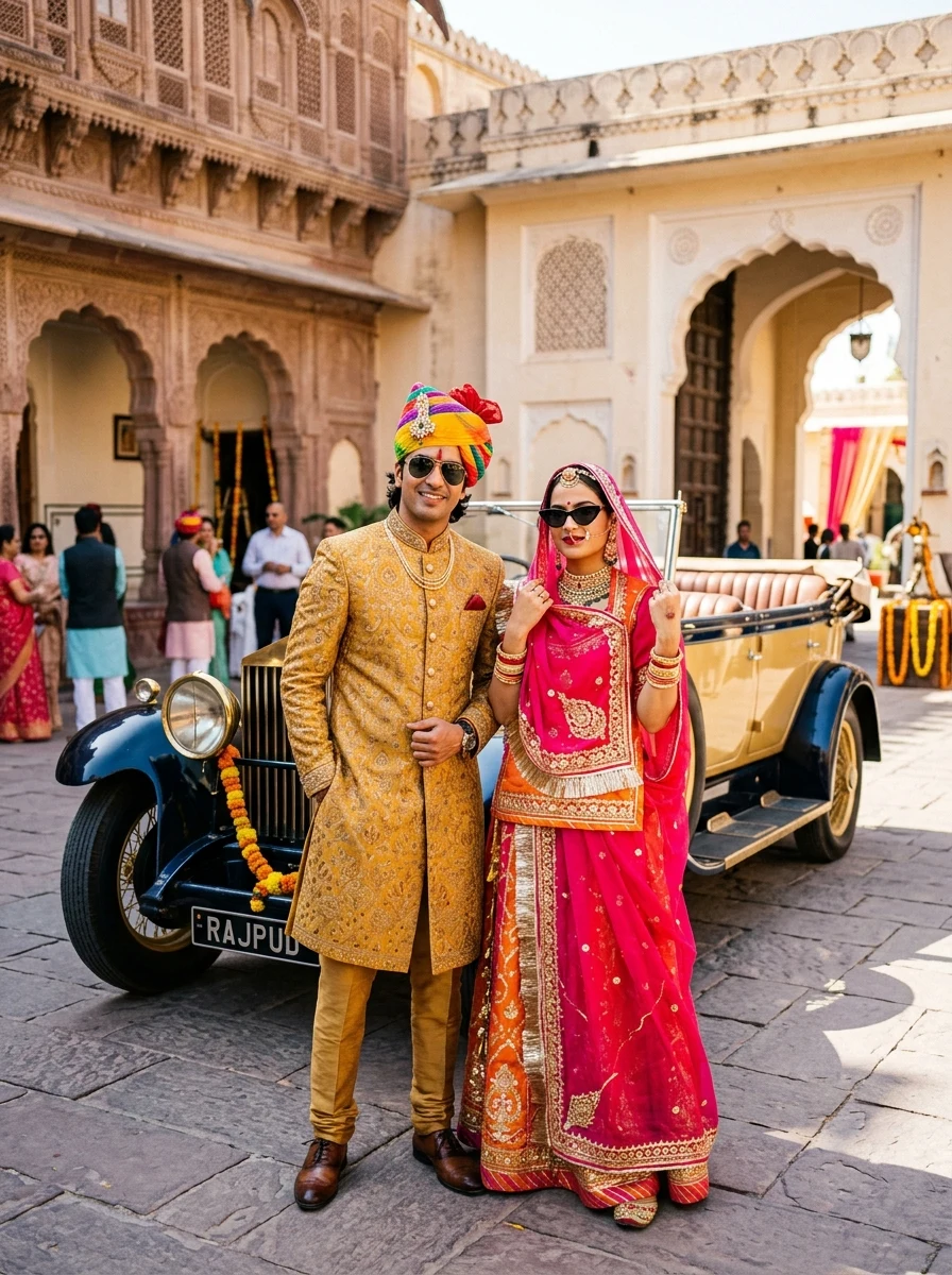 Modern Rajput couple with sunglasses and vintage car royal swag photoshoot prompt