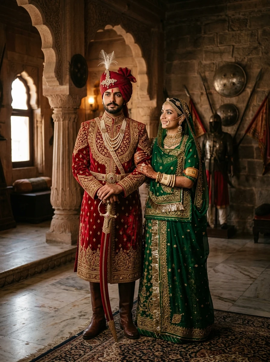 Royal Rajput couple with talwar sword warrior heritage pose AI prompt