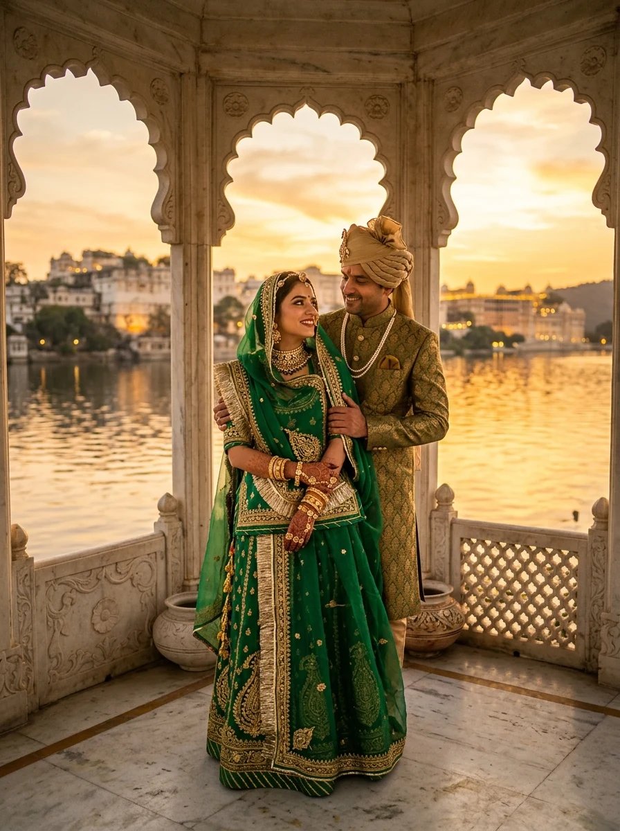 Rajputi couple romantic sunset at Lake Pichola Udaipur AI photo prompt for Gemini