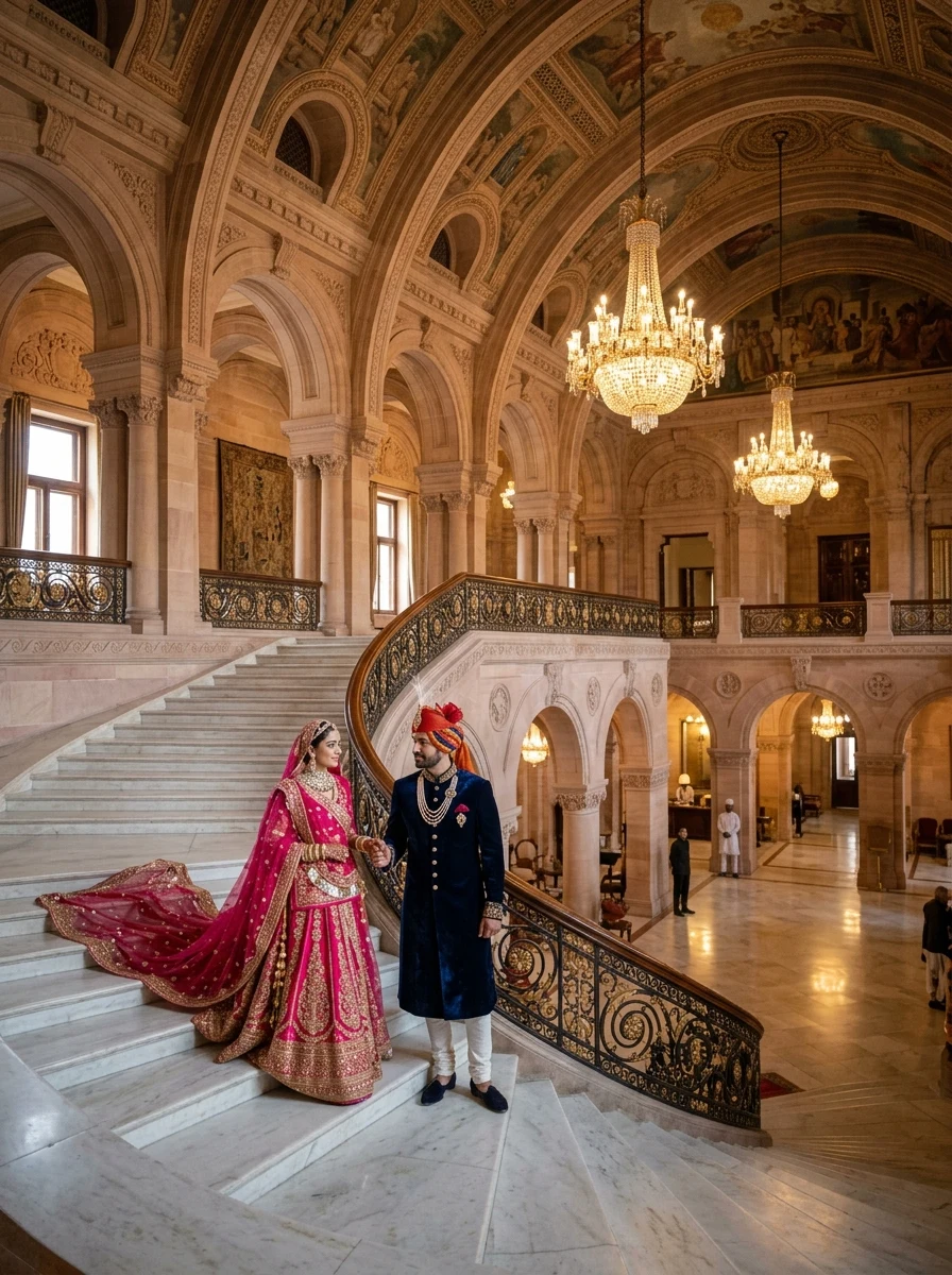 Rajputi couple descending grand marble staircase at Umaid Bhawan Palace prompt