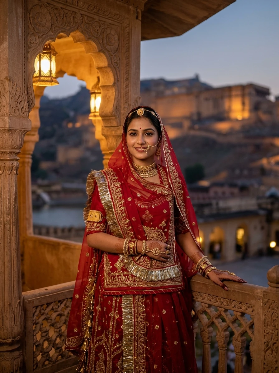 Prompt for Rajputi Poshak for Girl - Amber Fort Jaipur Jharokha Balcony Royal Portrait