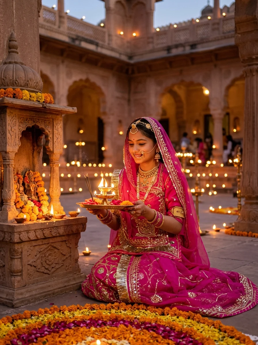 Rajasthani Look Prompt Free - Palace Courtyard Diya Aarti Festival Photo