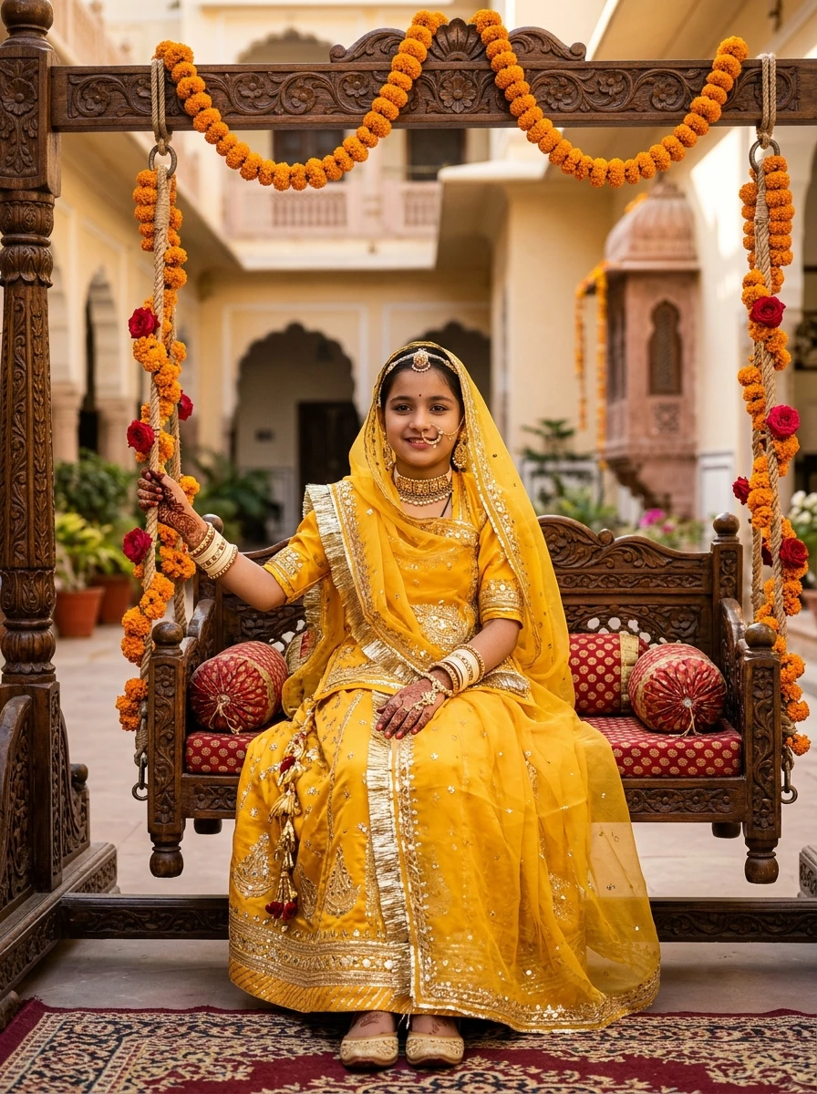 Prompt for Rajputi Poshak for Girl - Heritage Haveli Floral Swing Jhoola