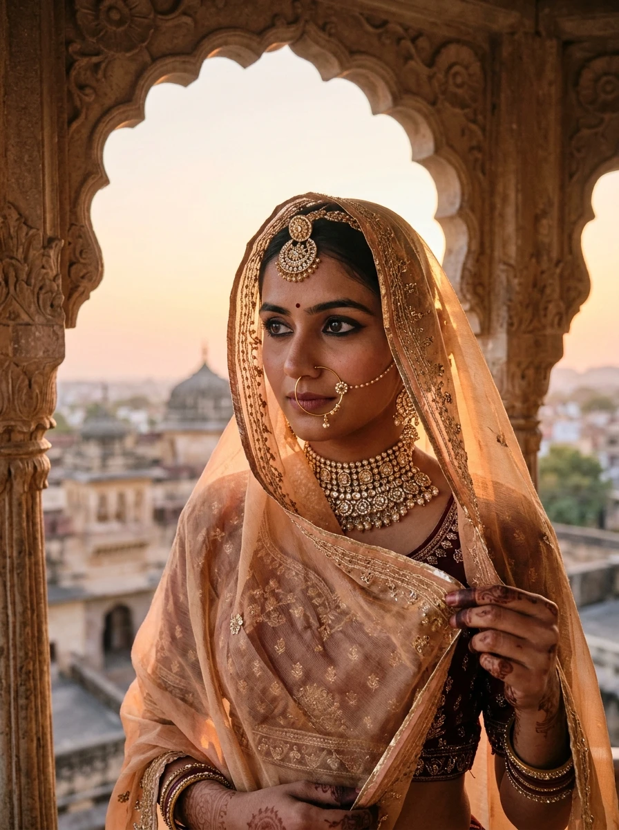 Prompt for Rajputi Poshak for Girl - Palace Jharokha Sunset Ghoonghat Peek with Kohl Eyes