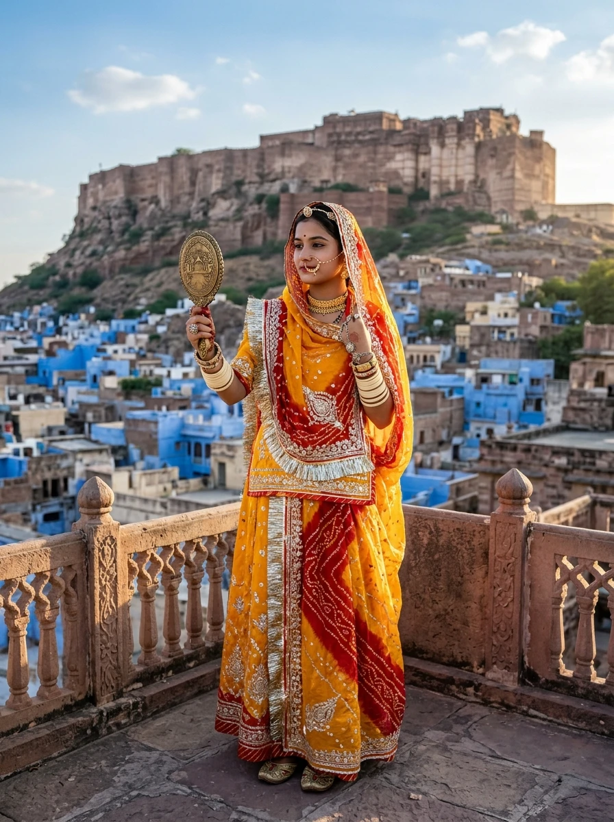 Rajputi Poshak Prompt for Gemini - Jodhpur Blue City Rooftop Kesariya Bandhani