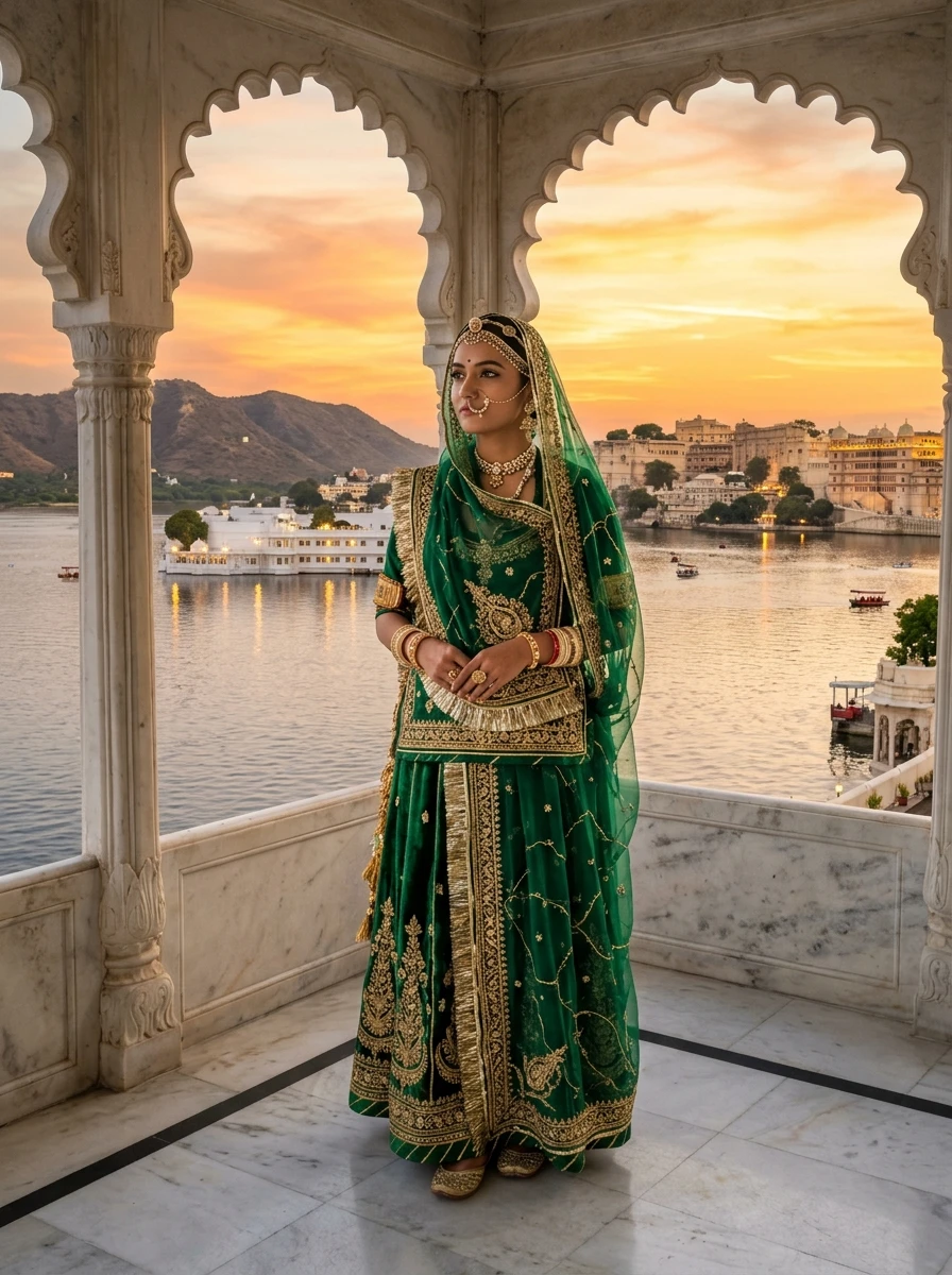 Rajputi Poshak Prompt for ChatGPT - Udaipur Lake Palace Terrace Golden Hour Portrait