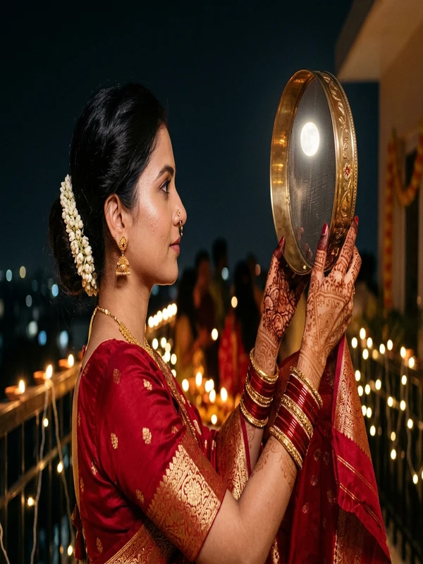 Traditional Red Saree Karwa Chauth Photo Editing with Brass Sieve Looking at Full Moon