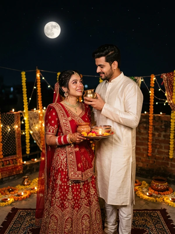 Karwa Chauth Couple Photo Editing Breaking Fast with Husband First Sip of Water Red Saree