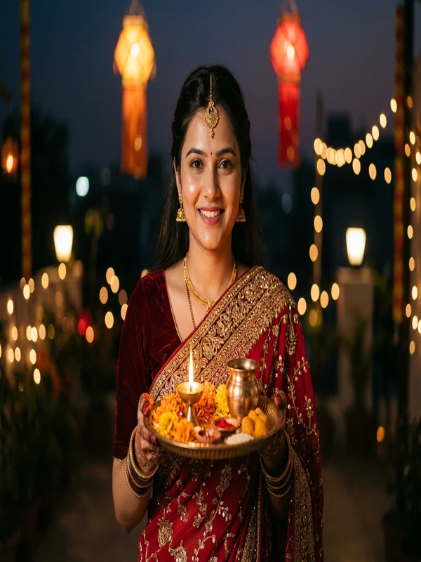 Front Portrait Red Saree for Karwa Chauth Holding Decorated Brass Pooja Thali with Diya