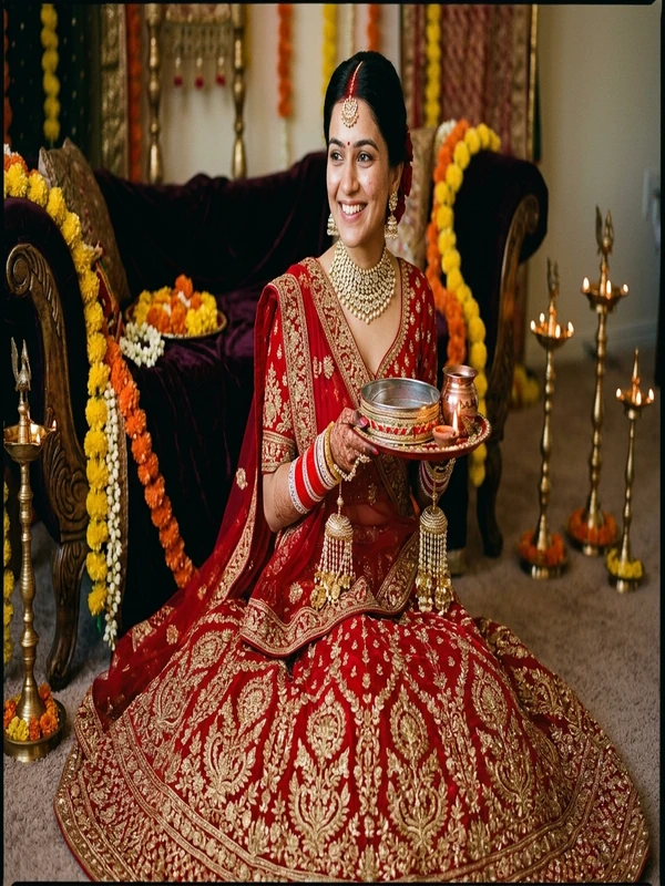 Newlywed Bride in Heavy Traditional Red Saree for Karwa Chauth with Red Chooda and Gold Jewelry