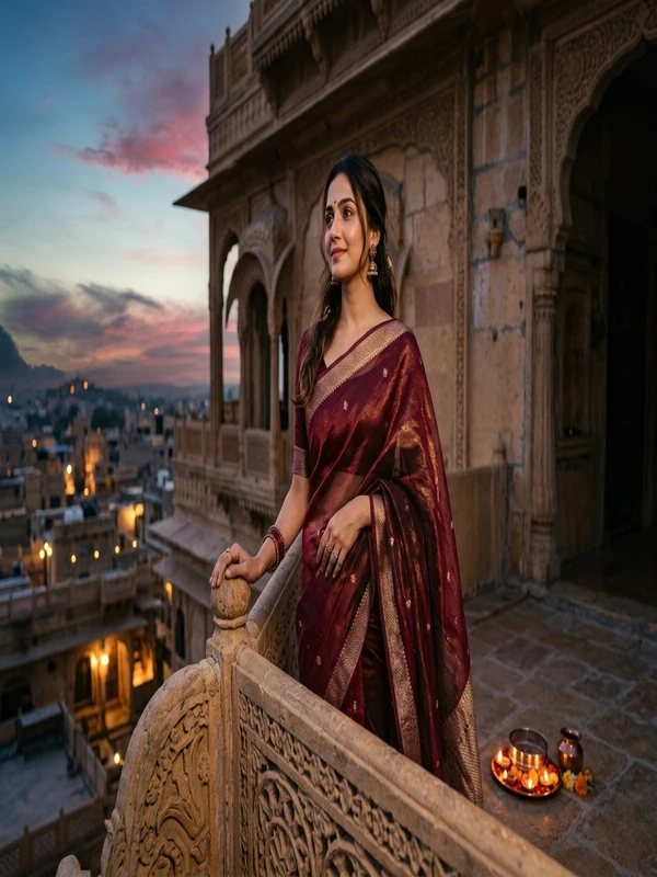 Karwa Chauth Traditional Red Saree Photo Editing in Heritage Haveli Stone Balcony