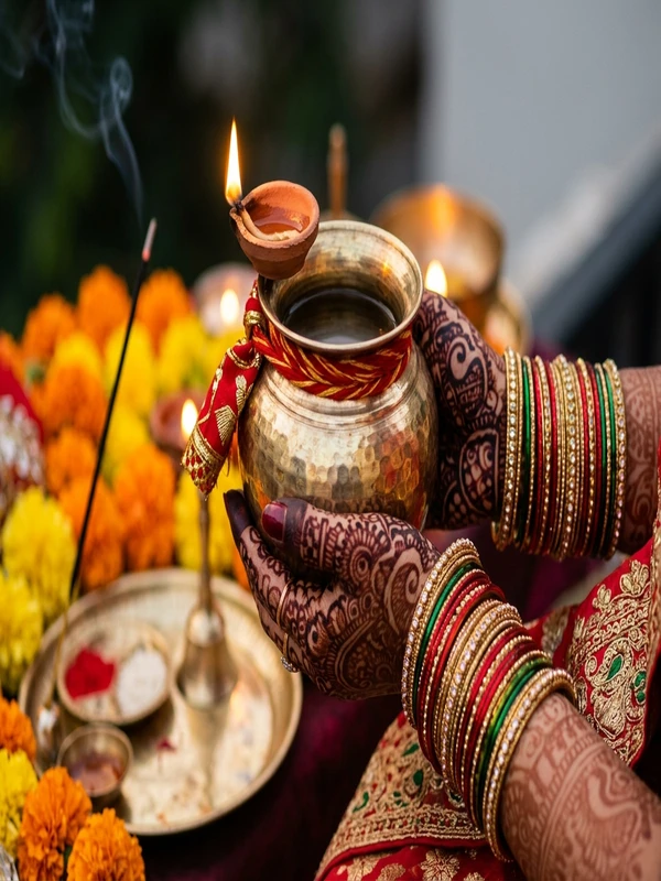 Detailed Henna Hands Holding Brass Karwa Kalash Saree for Karwa Chauth Photo Editing