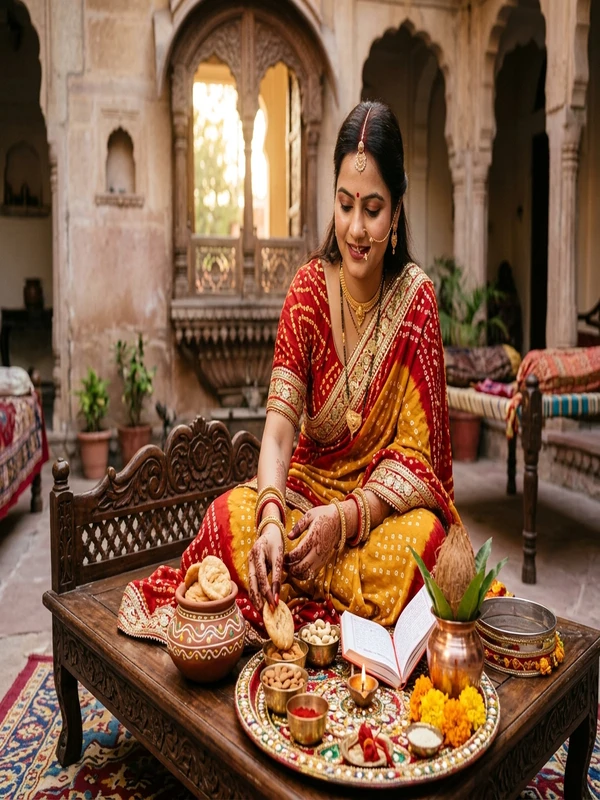 Pre-Dawn Karwa Chauth Sargi Morning Saree Photo Editing with Dry Fruits and Brass Thali