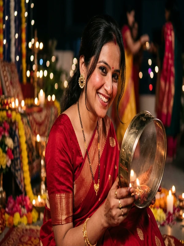 Candid Laugh Lowering Sieve Red Saree for Karwa Chauth Festive Rooftop