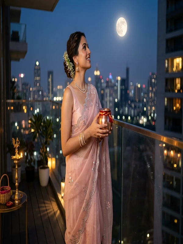 Saree for Karwa Chauth Ready to Wear Red Organza Modern Party Look Photo Editing