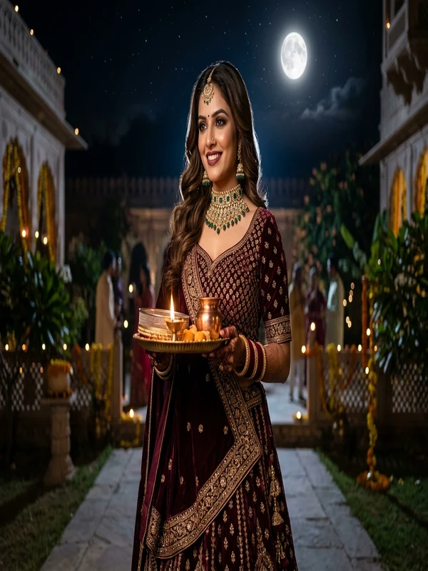 Traditional Red Saree Party Wear Karwa Chauth Photo Editing in Temple Courtyard