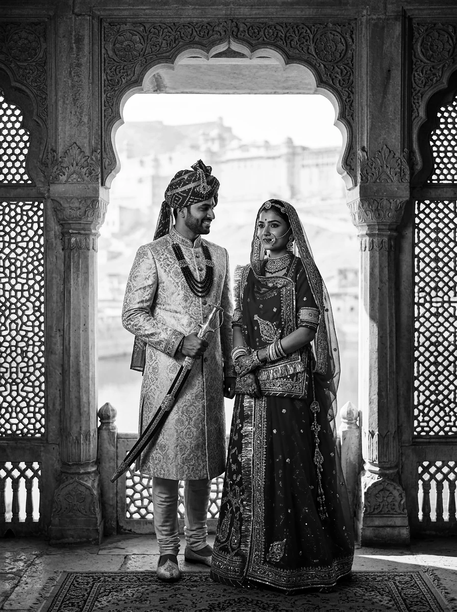 Romantic couple AI prompts black and white: Royal Indian couple framed inside carved stone archway of Amber Fort Jaipur