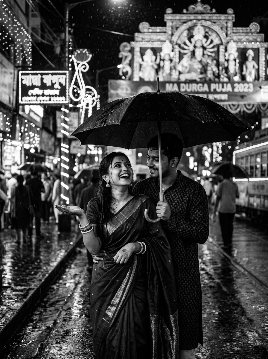Romantic couple AI prompts black and white: Intimate Indian couple embracing under umbrella during rain with circular streetlamp bokeh
