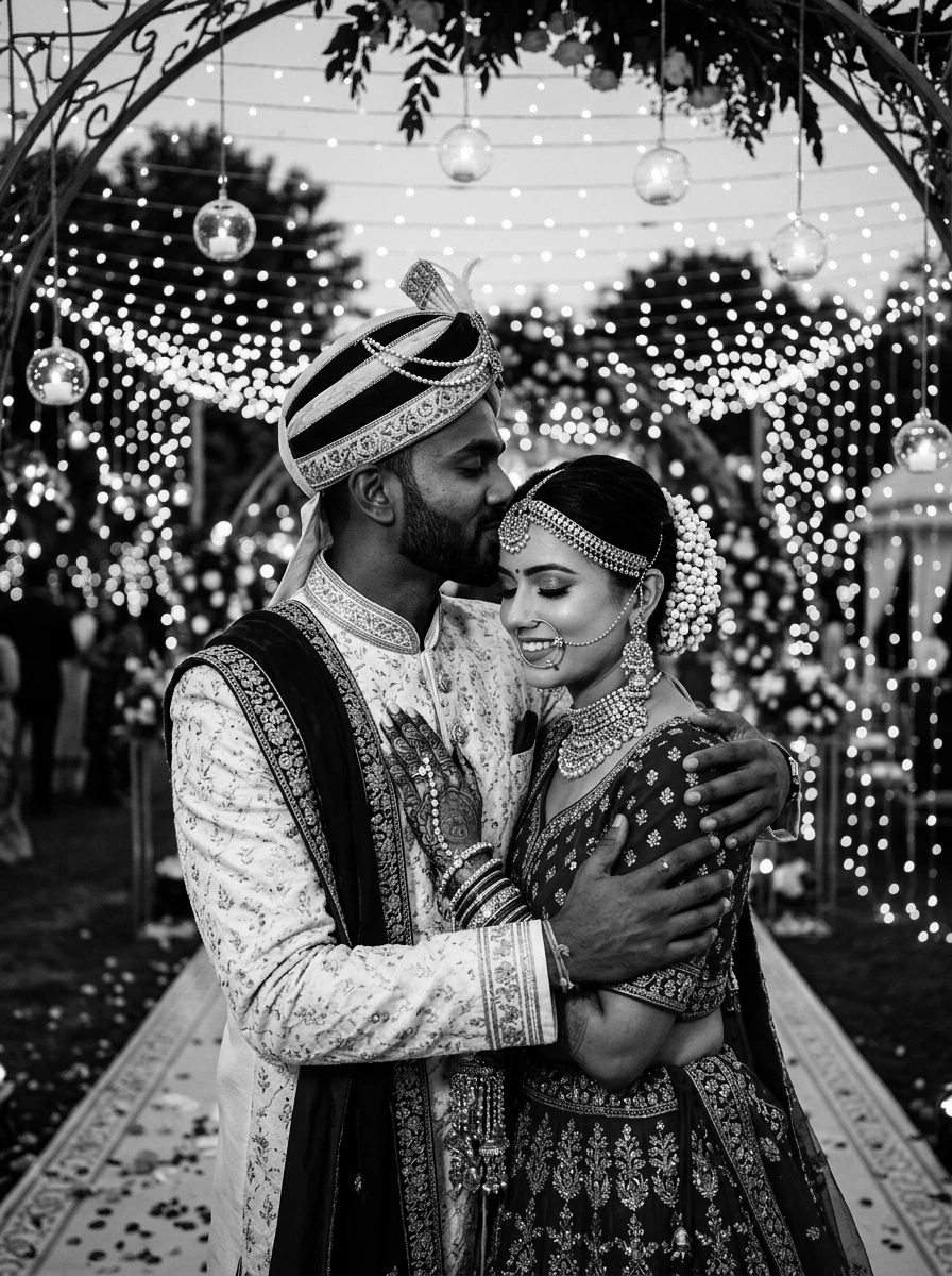 Romantic couple AI prompts black and white: Affectionate Indian couple under canopy of fairy lights with groom kissing bride's forehead