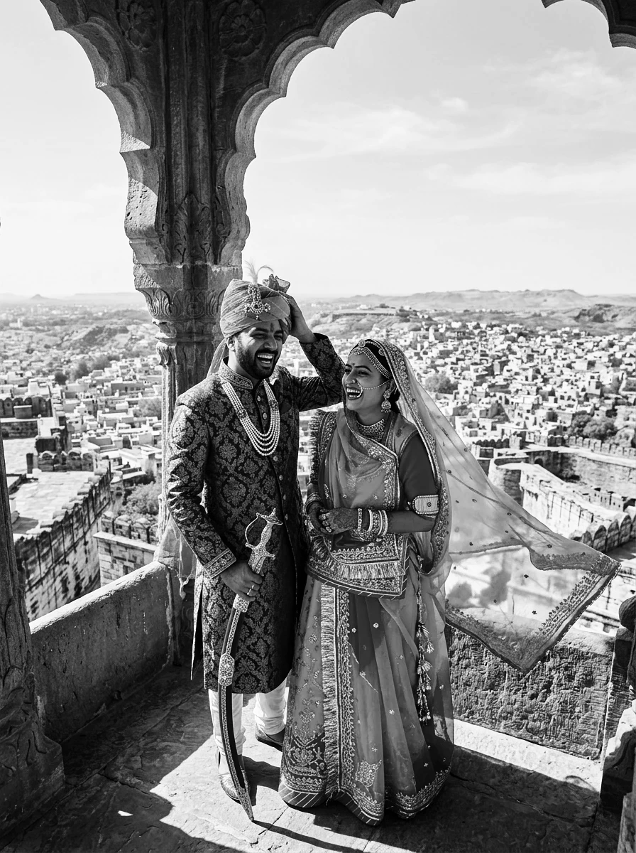 Romantic couple AI prompts black and white: Loving Indian couple standing on high stone ramparts of Mehrangarh Fort Jodhpur