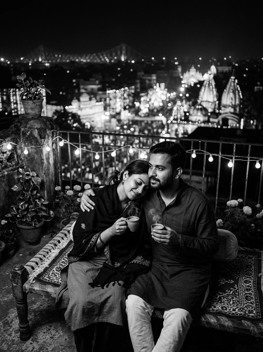 Romantic couple AI prompts black and white: Indian couple drinking hot tea on open rooftop charpai at midnight with city skyline bokeh