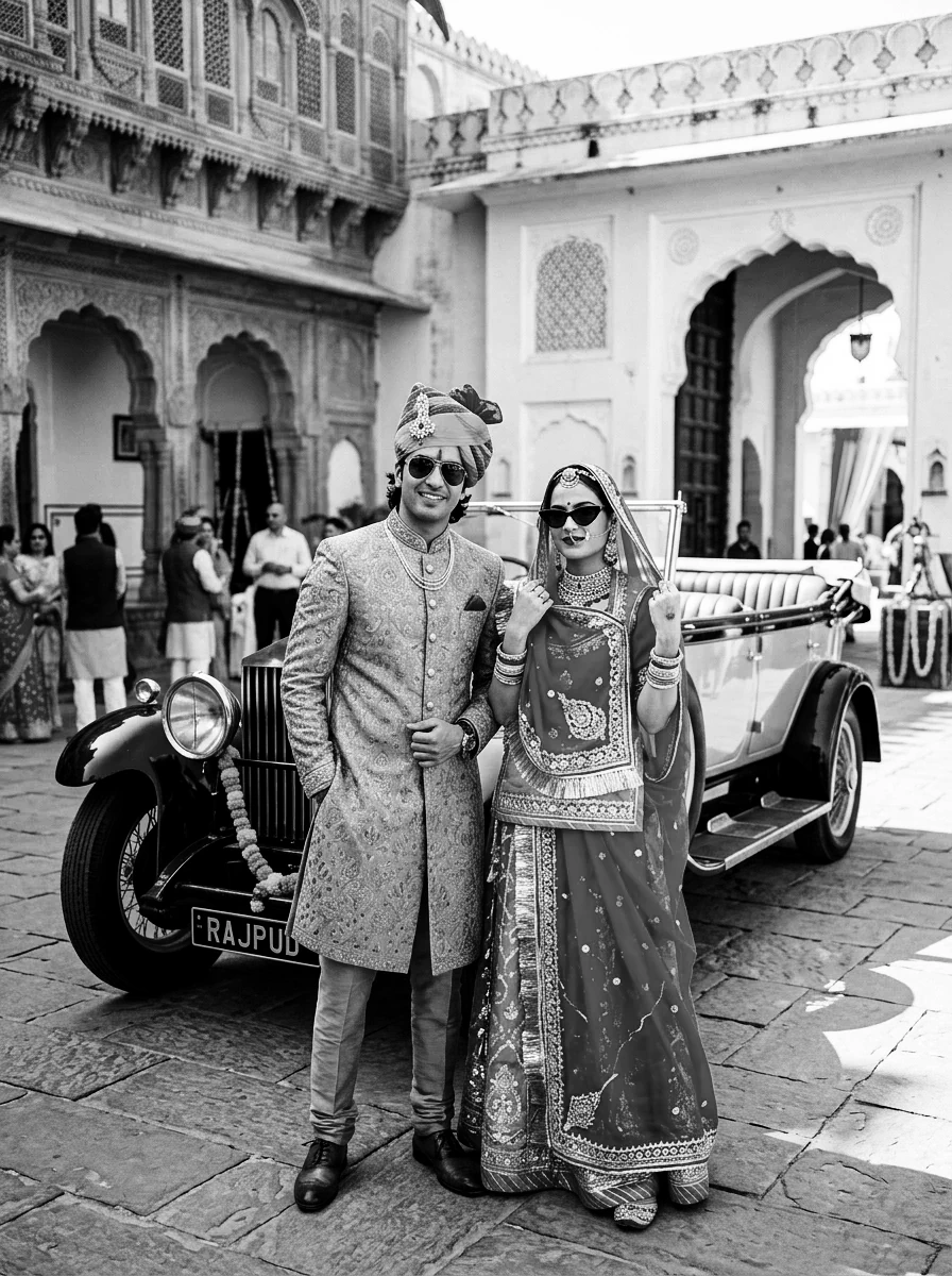 Romantic couple AI prompts black and white: Stylish Indian couple with designer sunglasses and vintage roadster car in palace courtyard