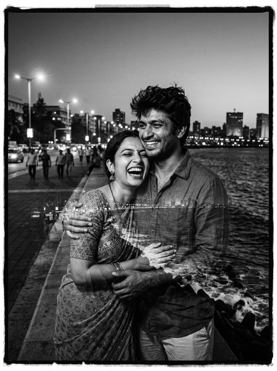 Romantic couple AI prompts black and white: Joyful Indian couple laughing together on Marine Drive promenade Mumbai at twilight