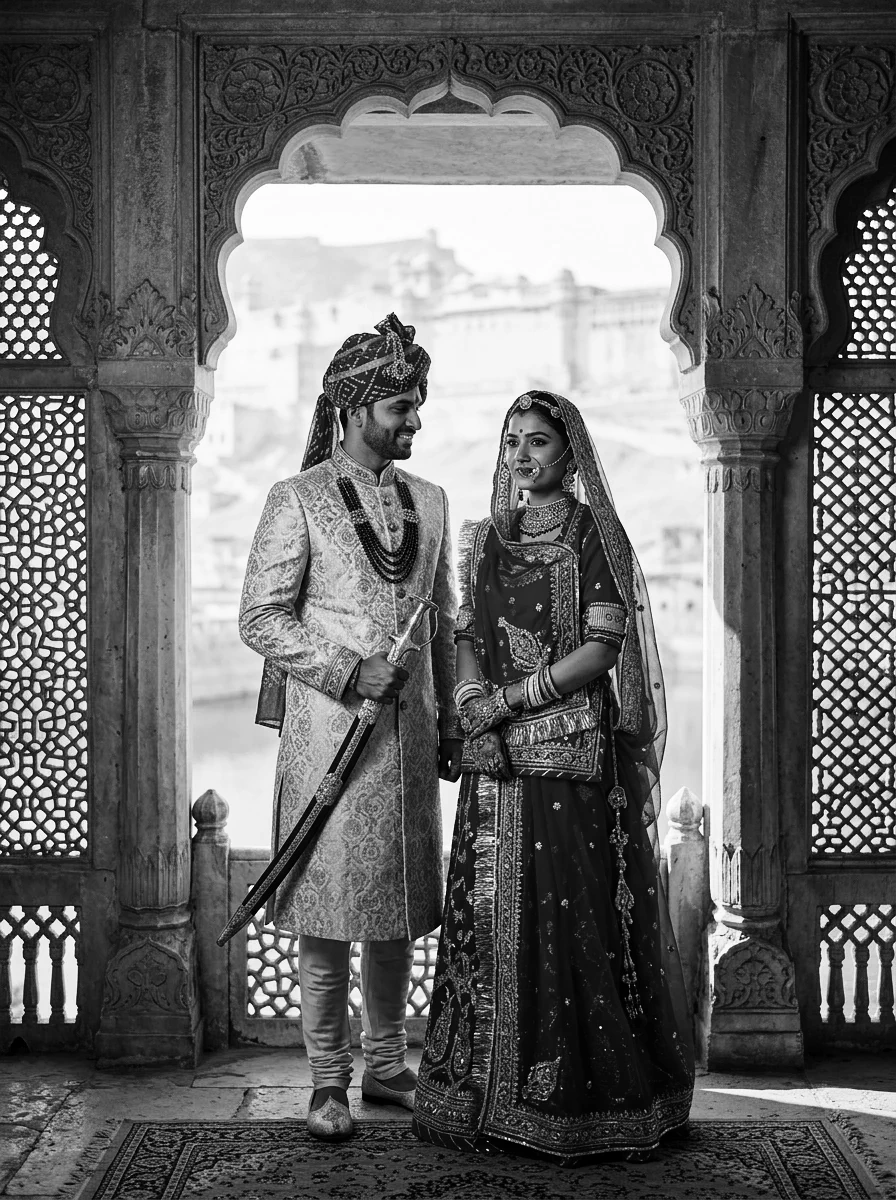 Romantic couple AI prompts black and white: Indian couple standing on carved sandstone jharokha balcony in royal palace