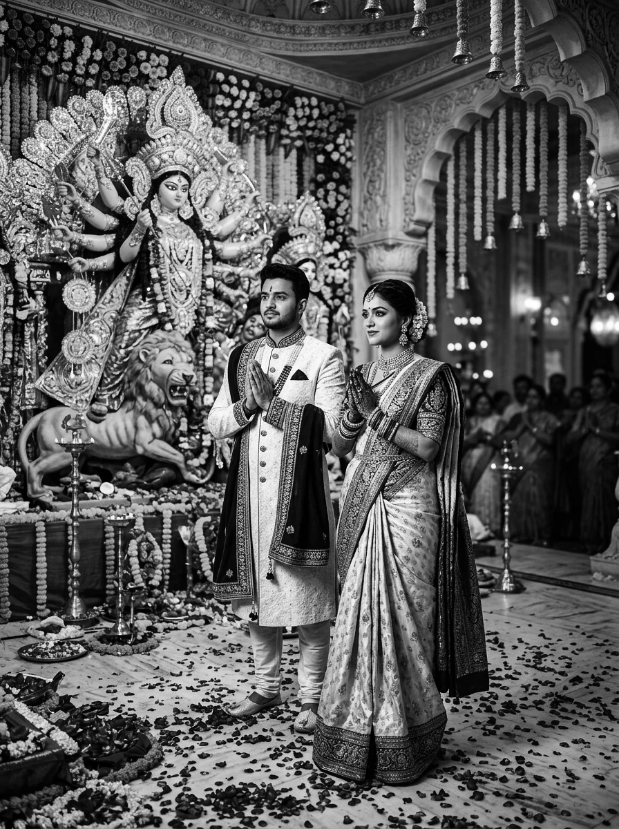 Romantic couple AI prompts black and white: Regal Indian couple in carved pillared courtyard with royal sherwani and zardozi lehenga