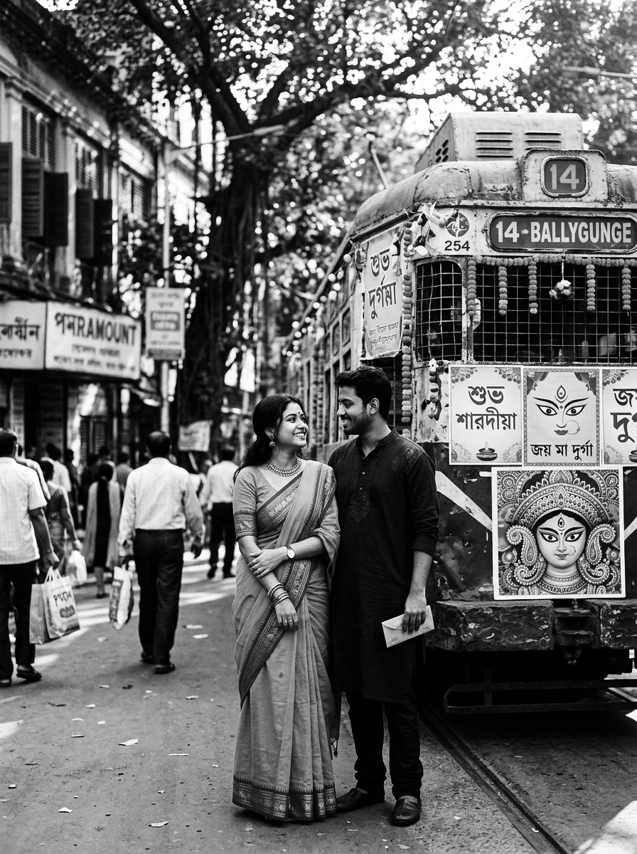 Romantic couple AI prompts black and white: Young Indian couple seated together on wooden bench inside heritage tram with window light
