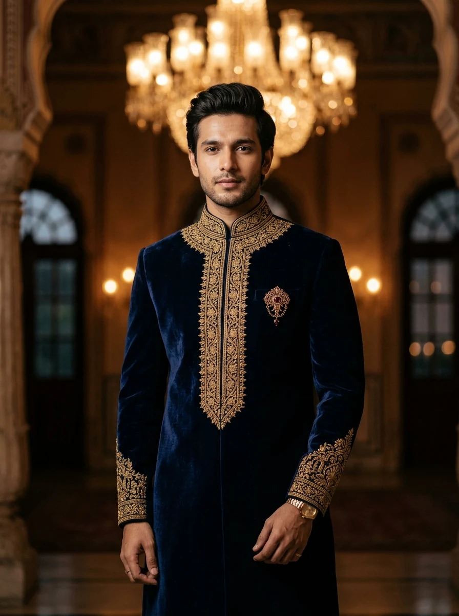 Royal Navy Blue Velvet Sherwani Traditional Look Prompt For Men