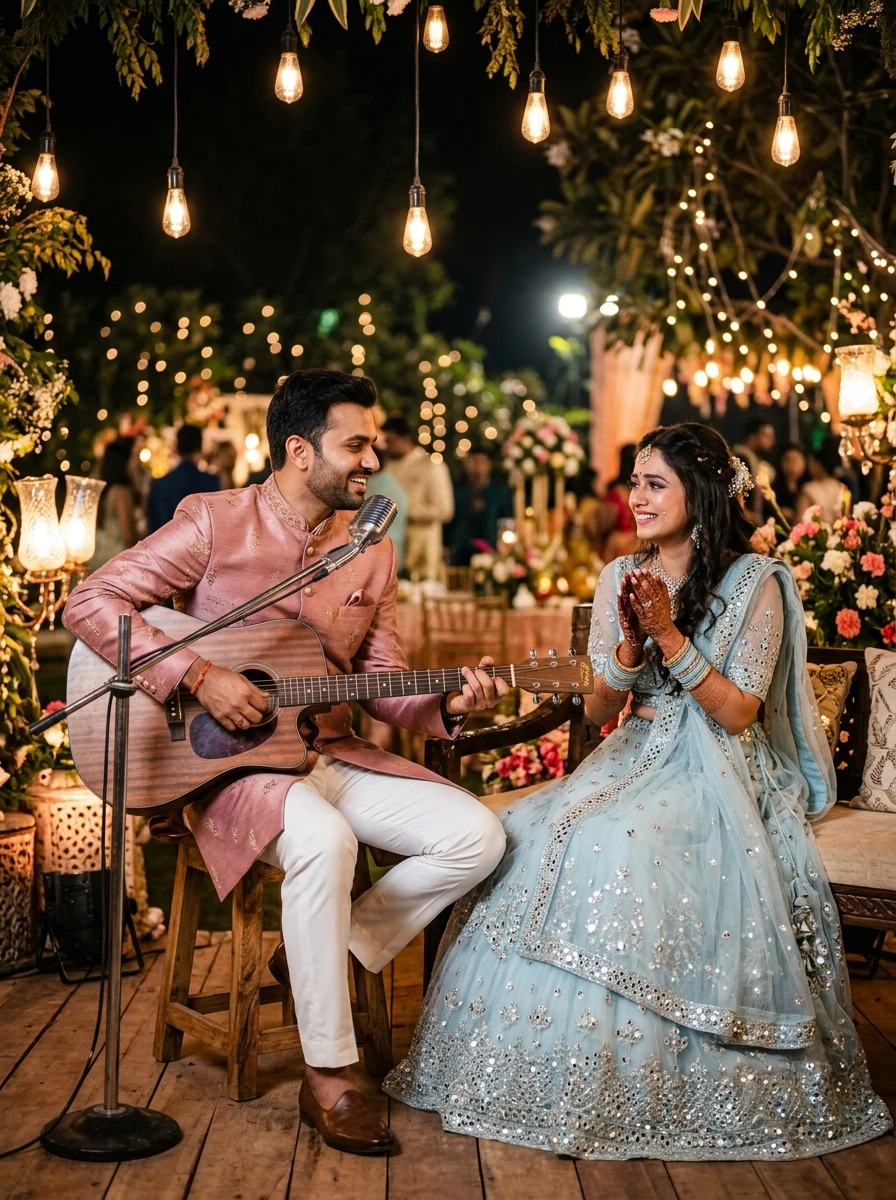 Acoustic guitar serenade unplugged garden Sangeet couple prompt