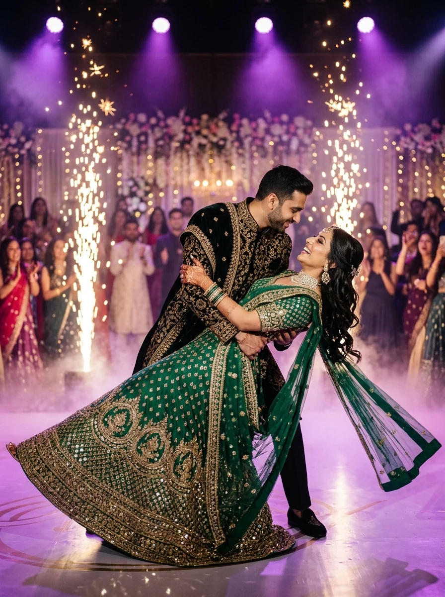 Bollywood stage couple dance romantic dip with cold pyros Sangeet ceremony prompt