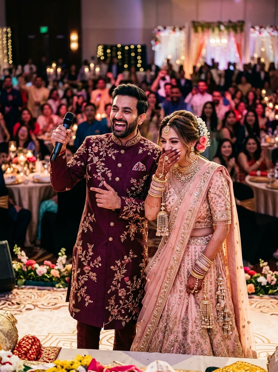 Candid stage laughter with microphone during family flashmob Sangeet prompt
