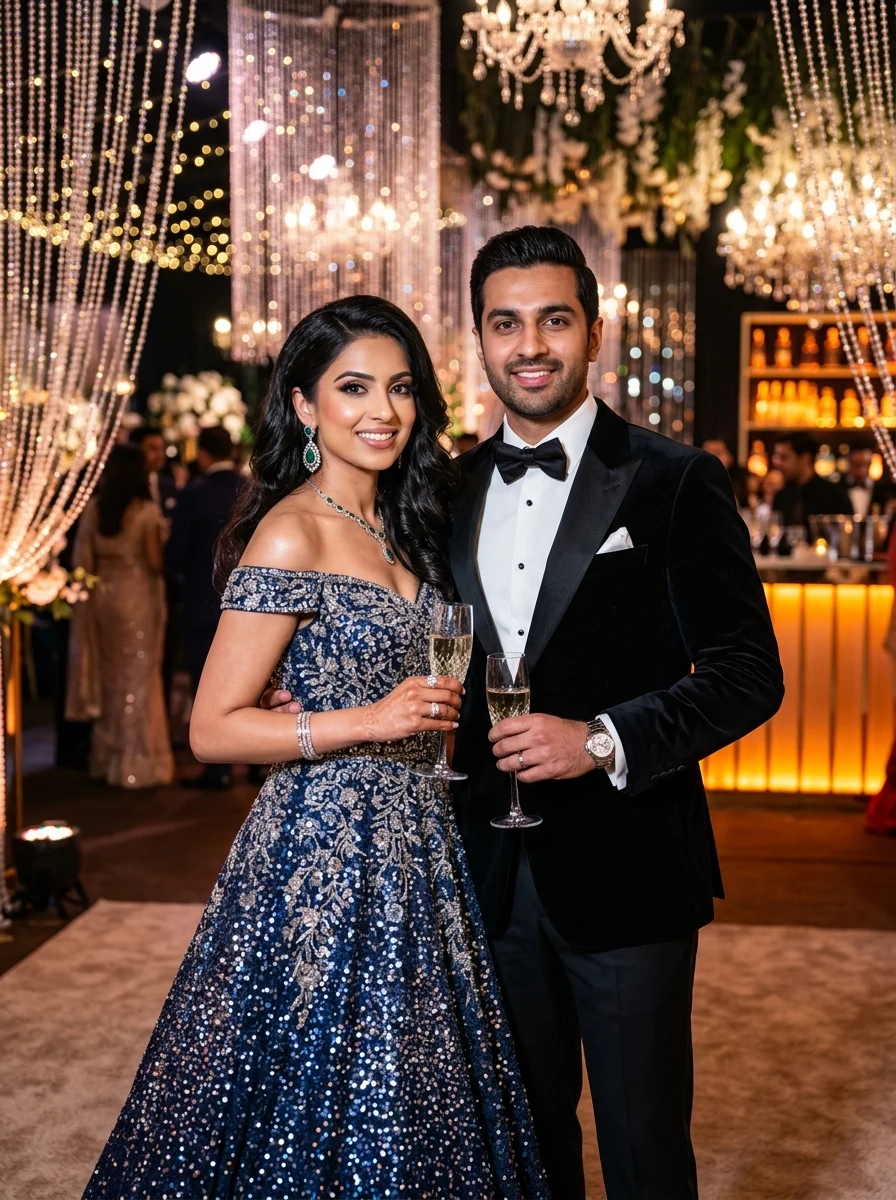 Glitz and glam cocktail Sangeet night couple portrait prompt for Gemini AI