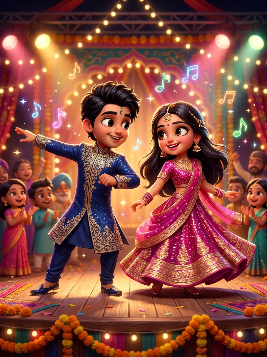 3D cute Pixar Disney style animated Sangeet dancing couple prompt for Gemini AI