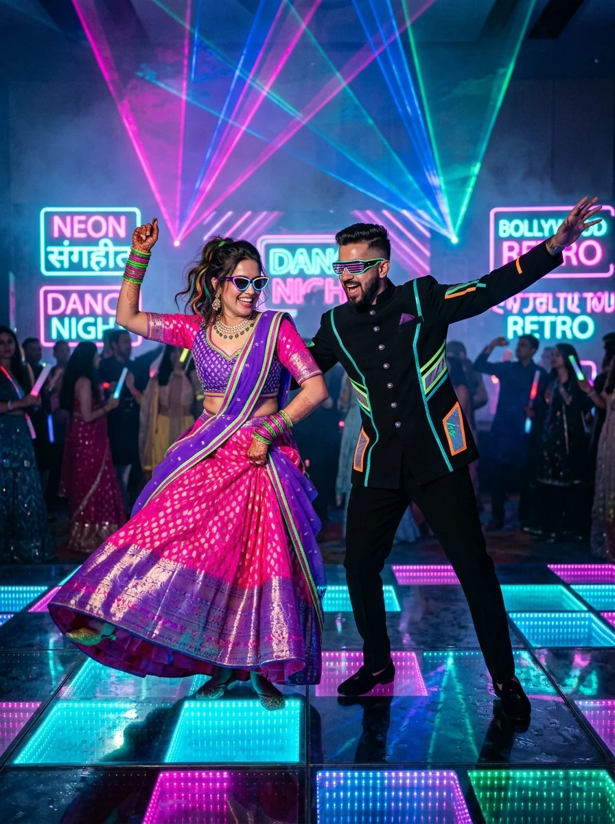 Neon retro Bollywood theme dance on LED floor Sangeet ceremony prompt