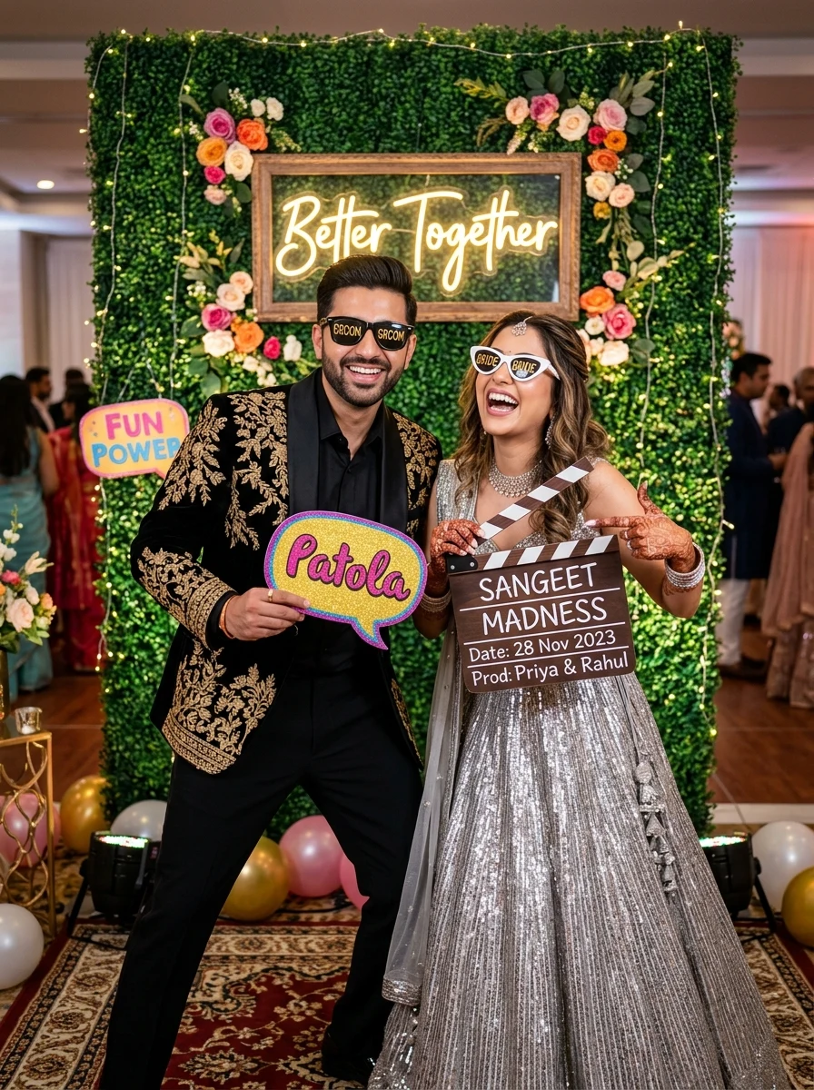 Sangeet ceremony props with custom sunglasses and neon photobooth prompt