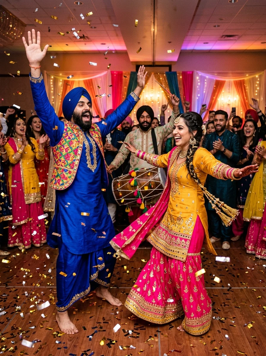 High energy Punjabi dhol and Bhangra couple dance Sangeet ceremony prompt
